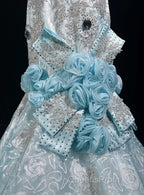 Sky Blue Mermaid Spaghetti Straps Organza Diamond Long Evening Prom Dress Lace Floral Evening Gown