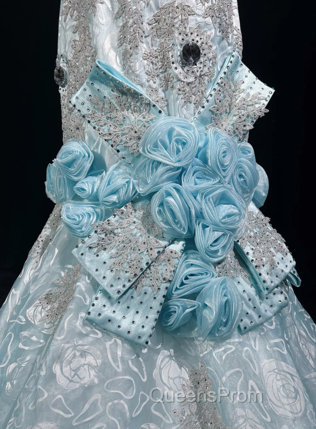 Sky Blue Mermaid Spaghetti Straps Organza Diamond Long Evening Prom Dress Lace Floral Evening Gown