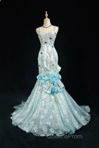 Sky Blue Mermaid Spaghetti Straps Organza Diamond Long Evening Prom Dress Lace Floral Evening Gown