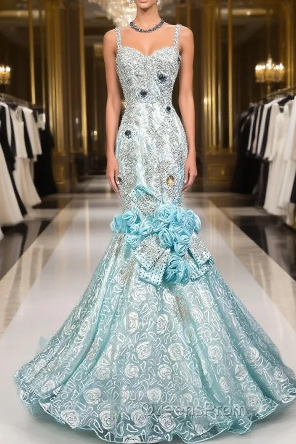 Sky Blue Mermaid Spaghetti Straps Organza Diamond Long Evening Prom Dress Lace Floral Evening Gown Main image