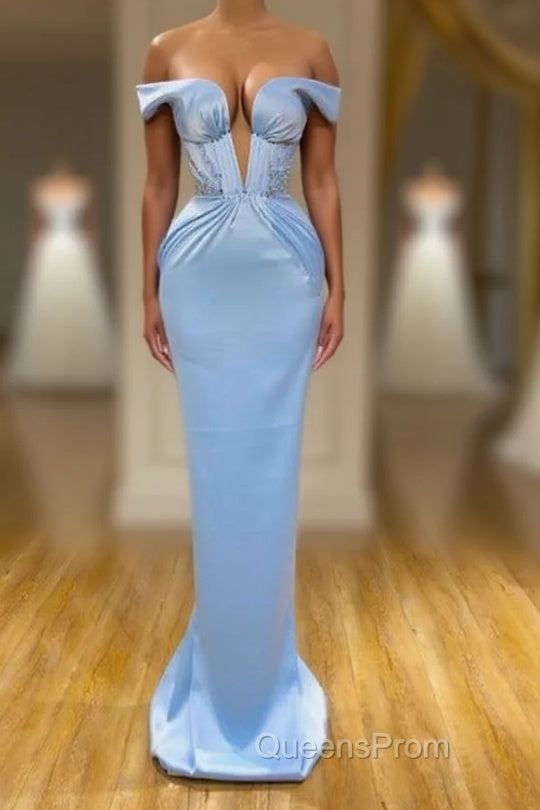 Sky Blue Mermaid V-Neck Off-The-Shoulder Evening Prom Dress Main image