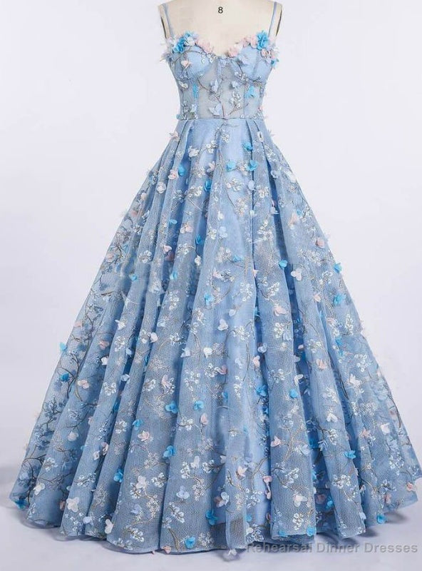 Sky Blue Princess Spaghetti Strap 3D Flower Applique Party Sress Main image