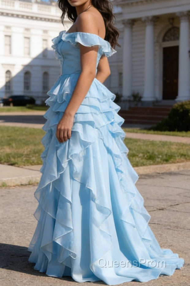 Sky Blue Ruffled A-Line Square Neck Long Prom Dress Secondary image