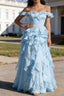 Sky Blue Ruffled A-Line Square Neck Long Prom Dress
