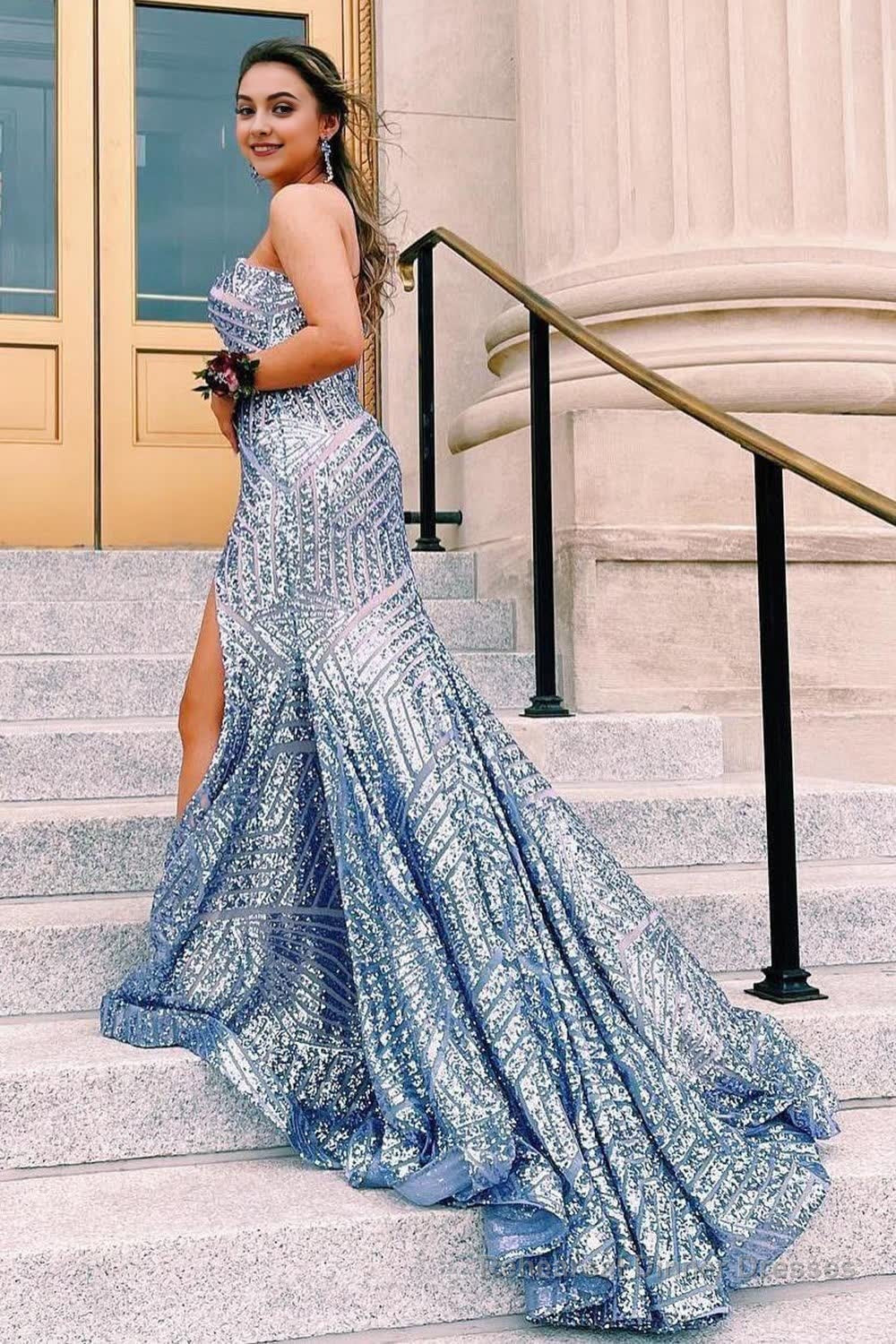 Sky Blue Sequins Strapless Long Prom Dress Secondary image