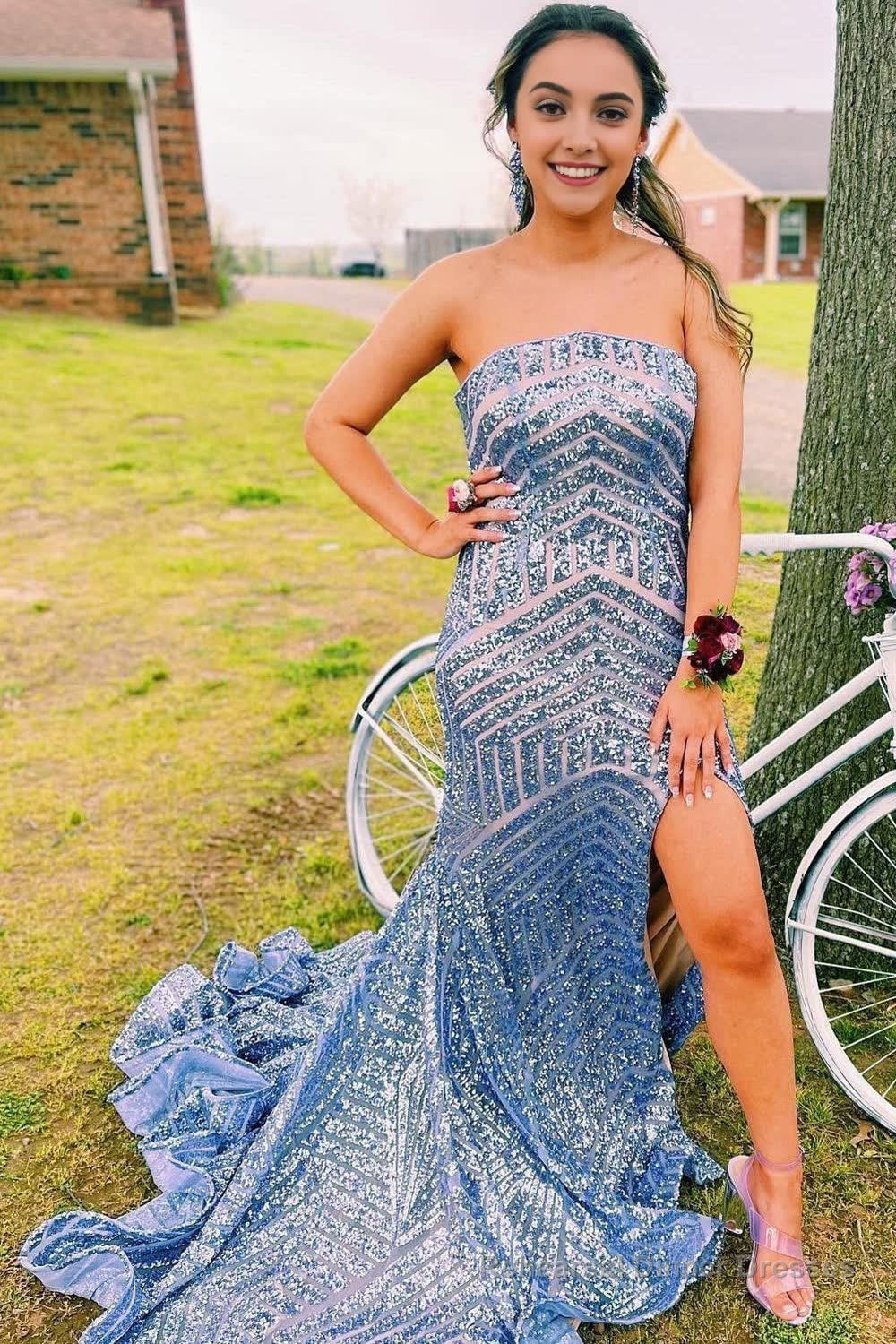Sky Blue Sequins Strapless Long Prom Dress Main image
