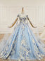Sky Blue Tulle High Neck Backless Appliques Beading Wedding Dress