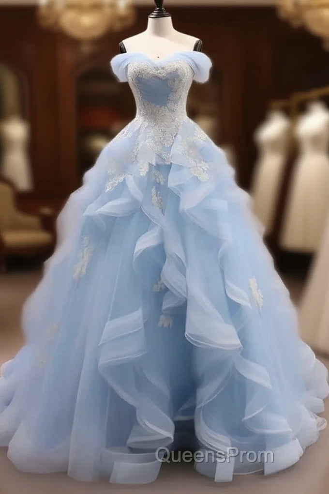 Sky Blue Tulle Ruffles Appliques A Line Evening Prom Dress Main image