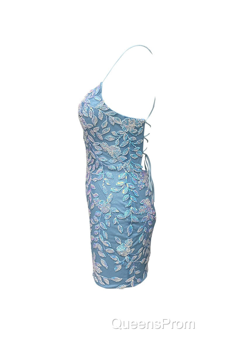 Cute Bodycon V Neck Blue Lace Homecoming Dress