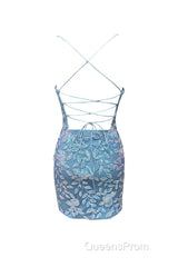 Cute Bodycon V Neck Blue Lace Homecoming Dress