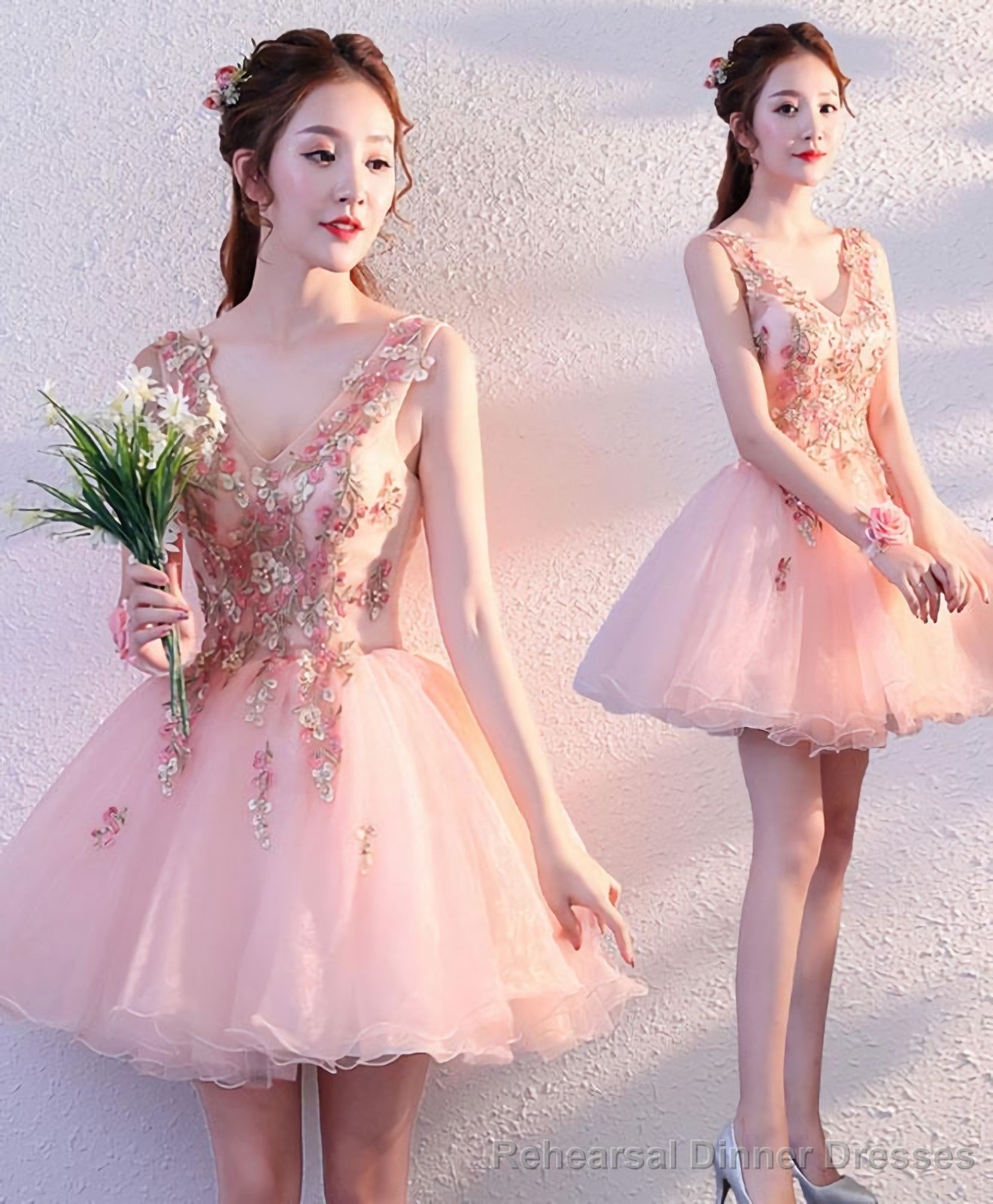 Pink V Neck Tulle Short Prom Dress Homecoming Dress