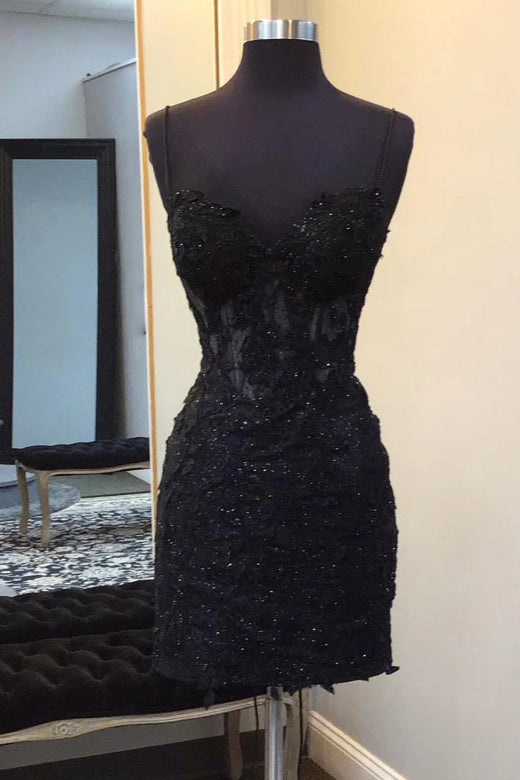 Sleeveless Black Lace Homecoming Dress Spaghetti Straps Main image