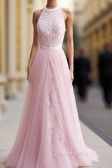 Sleeveless Halter Tulle A-Line With Lace Sweep/Brush Train Dress