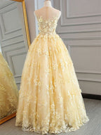 Sleeveless Pale Yellow Lace Sweetheart A-line Floor-length Classy Prom Dress