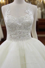 Sleeveless Scoop Yarn Neck Lace Ivory Tulle Asymmetrical Ball Gown Cathedral Train Wedding Dress,