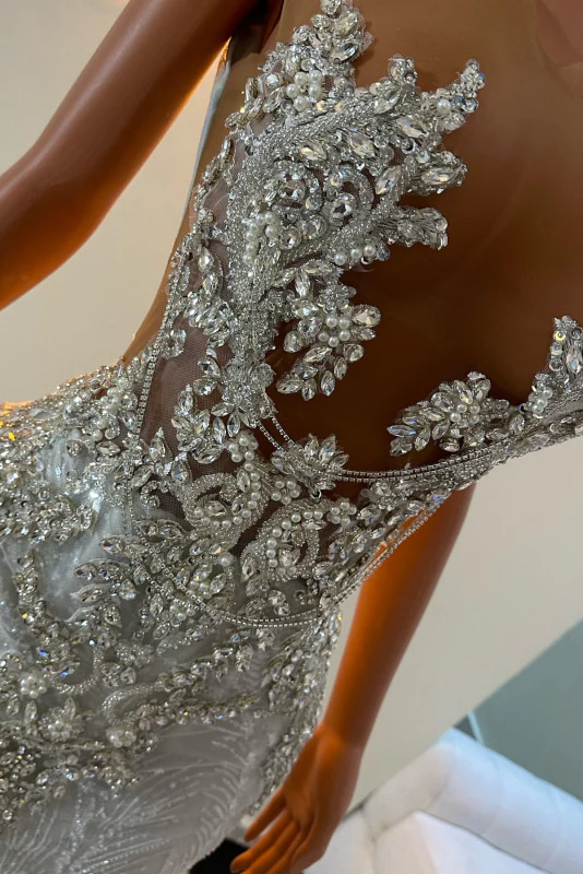 Sleeveless Silver Sparkle Appliques V-Neck Mermaid Court Train Prom Dresses