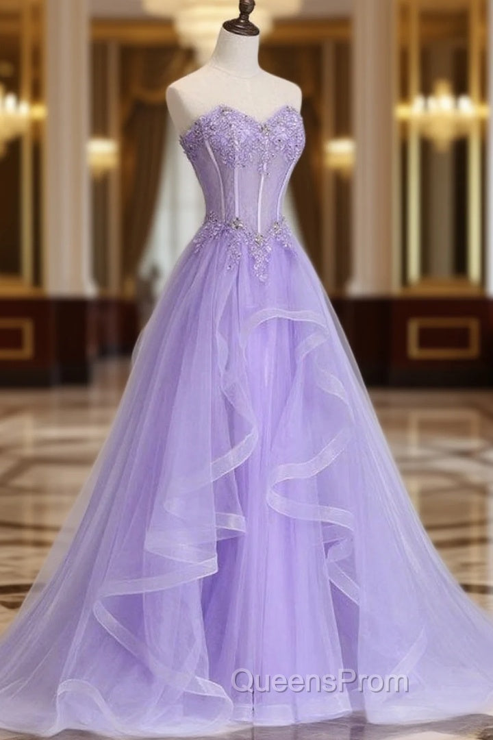 Sleeveless Sweetheart Sweep Train A-line/Princess Tulle Evening Prom Dress With Beading Appliqued Main image