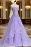 Sleeveless Sweetheart Sweep Train A-line/Princess Tulle Evening Prom Dress With Beading Appliqued