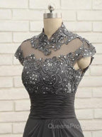 Slim Fit Column Chiffon Lace High Neck Short Sleeved And Floor Length Style Mother Of The Bride Dress