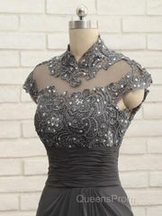 Slim Fit Column Chiffon Lace High Neck Short Sleeved And Floor Length Style Mother Of The Bride Dress