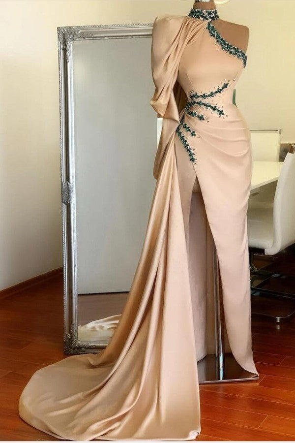 Slit Beading Satin Long Prom Dress One Shoulder With Long Sleeve On One Side Main image