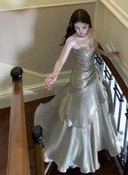 Sliver Grey Satin Straps Long Classy Gown, Cute Long Classy Prom Dress