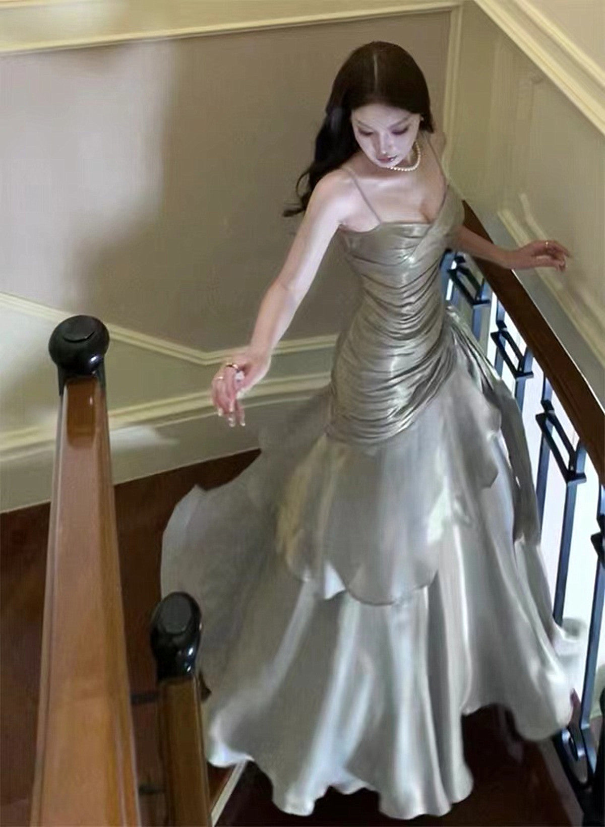 Sliver Grey Satin Straps Long Classy Gown, Cute Long Classy Prom Dress