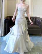 Sliver Grey Satin Straps Long Classy Gown, Cute Long Classy Prom Dress