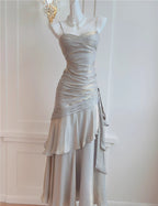 Sliver Grey Satin Straps Long Classy Gown, Cute Long Classy Prom Dress