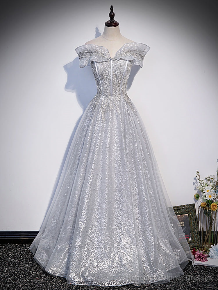 Sliver-Grey Shiny Tulle Off Shoulder  Prom Dress, Sliver Long Party Dresses Main image