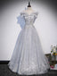 Sliver-Grey Shiny Tulle Off Shoulder  Prom Dress, Sliver Long Party Dresses