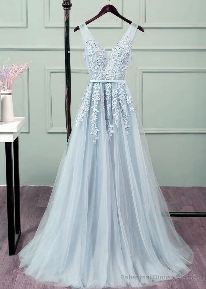 Sliver-Grey Tulle Long Lace V-neckline Party Dress, Floor Length Prom Dress Secondary image