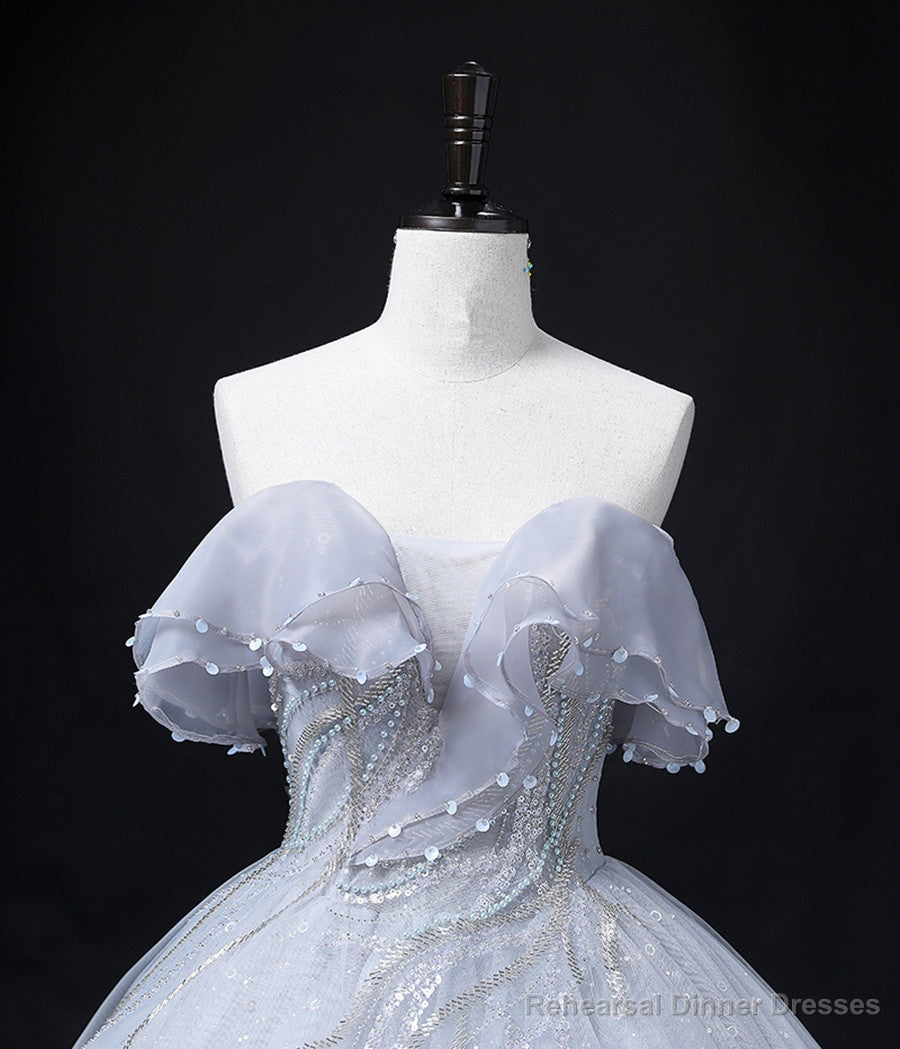 Sliver Grey Tulle Off Shoulder Long Party Dress, Tulle Evening Dress Prom Dress Secondary image