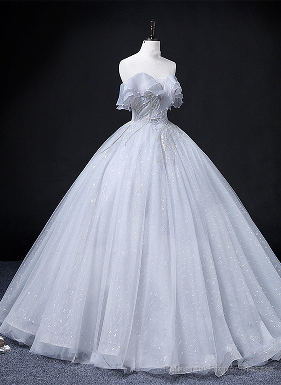 Sliver Grey Tulle Off Shoulder Long Party Dress, Tulle Evening Dress Prom Dress Main image