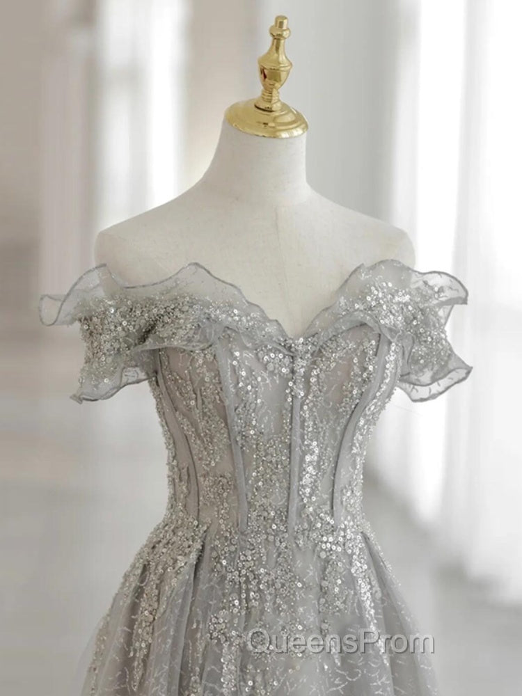 Sliver-Grey Tulle With Sequins Long Party Dress,A-Line Floor Length Evening Prom Dress Secondary image