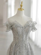 Sliver-Grey Tulle With Sequins Long Party Dress,A-Line Floor Length Evening Prom Dress
