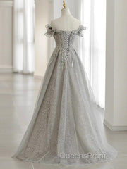 Sliver-Grey Tulle With Sequins Long Party Dress,A-Line Floor Length Evening Prom Dress