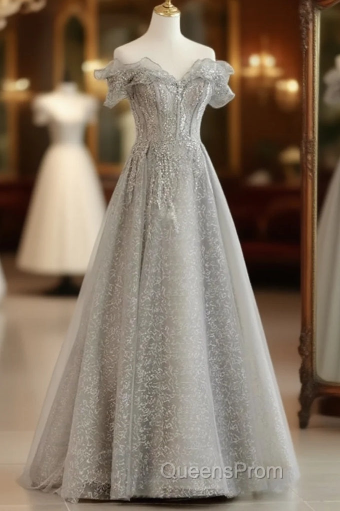 Sliver-Grey Tulle With Sequins Long Party Dress,A-Line Floor Length Evening Prom Dress Main image