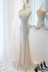 Sliver Sequins Mermaid Straps Long Evening Gown Evening Prom Dress, Long Party Dress Formal Dress