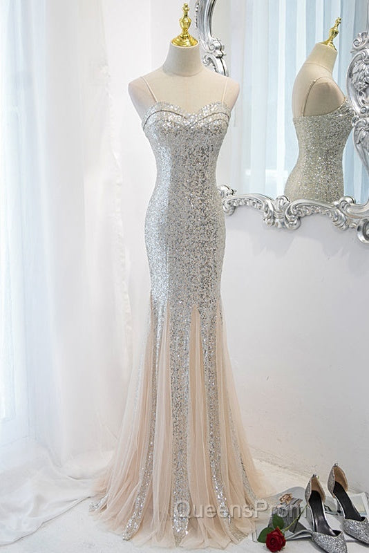 Sliver Sequins Mermaid Straps Long Evening Gown Evening Prom Dress, Long Party Dress Formal Dress