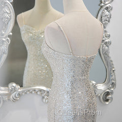 Sliver Sequins Mermaid Straps Long Evening Gown Evening Prom Dress, Long Party Dress Formal Dress