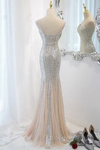 Sliver Sequins Mermaid Straps Long Evening Gown Evening Prom Dress, Long Party Dress Formal Dress