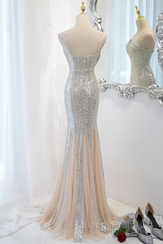 Sliver Sequins Mermaid Straps Long Evening Gown Evening Prom Dress, Long Party Dress Formal Dress