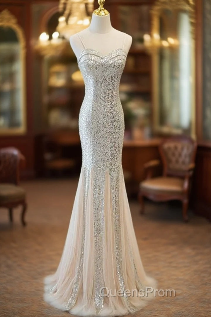 Sliver Sequins Mermaid Straps Long Evening Gown Evening Prom Dress, Long Party Dress Formal Dress Main image