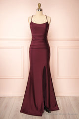 Burgundy Prom Dresses, Sheath/Column Scoop Neck Silk-like Satin Floor-length Ruffles Bridesmaid Dresses