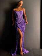 Purple Shiny Sequins Spaghetti Straps Long Slim High Slit Sexy Mermaid Ball Gown Classy Evening Dress Party Dress
