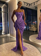 Purple Shiny Sequins Spaghetti Straps Long Slim High Slit Sexy Mermaid Ball Gown Classy Evening Dress Party Dress
