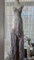 Elegant Purple Spaghetti Strap Appliques Bodycon Open Back Classy Evening Dress Chiffon Sequin Long Classy Prom Dress