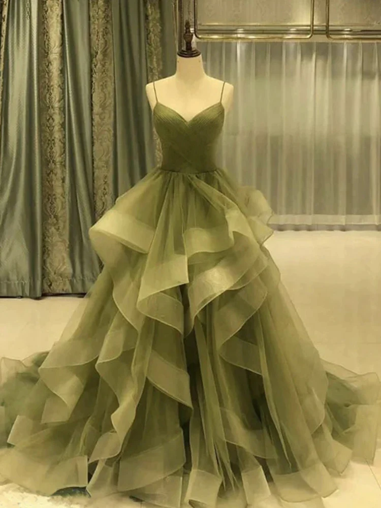 Spaghetti Strap Green A Line Long Classy Prom Dress Classy Evening Gown Party Dress Main image