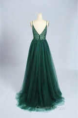 Spaghetti Strap Green A Line Long Evening Prom Dress V Neck Evening Gown Party Dress